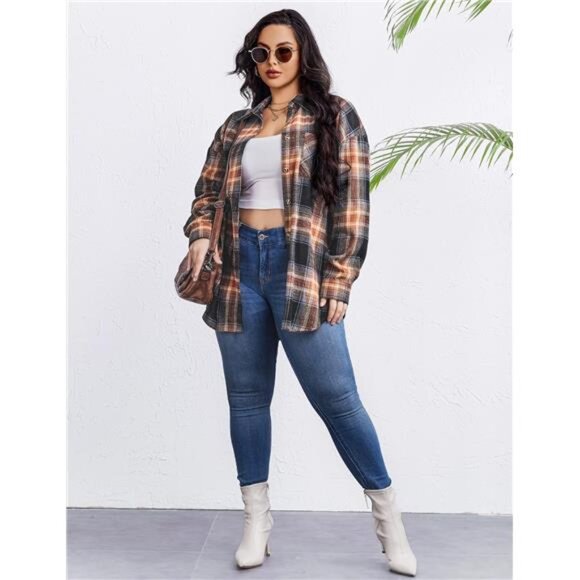 Womens Plus Size Flannel Plaid Shirts Long Sleeve Casual Collared - Picture 4 of 6